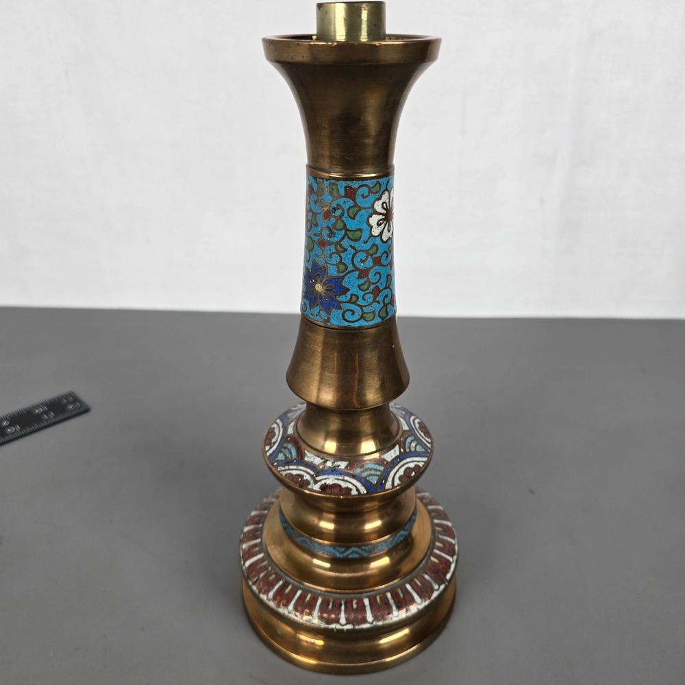 Vintage Cloisonne Brass Candlestick Floral Blue Enamel Candle Holder 11.5" READ